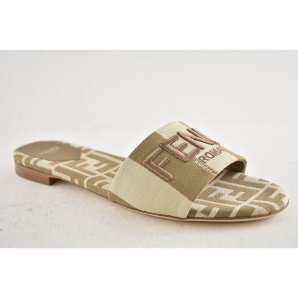 Fendi Beige Sand Striped FF Monogram Logo Mule Slide Flat Flip Flop Sandal 38 - Picture 4 of 15